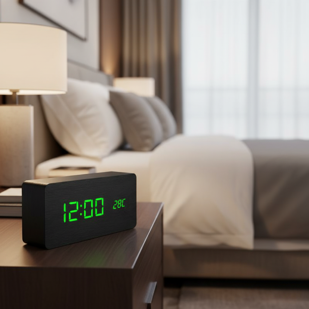 Wooden LED Digital Clock | Smart Alarm Clock with Temperature, Date & Sound Control