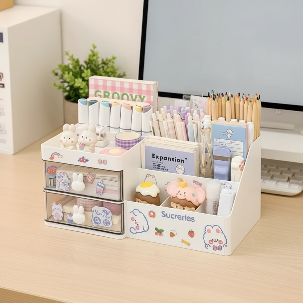 Kawaii Bunny Desktop Organizer | Cosmetic & Office Storage Box with Drawer | Desk Supplies Holder