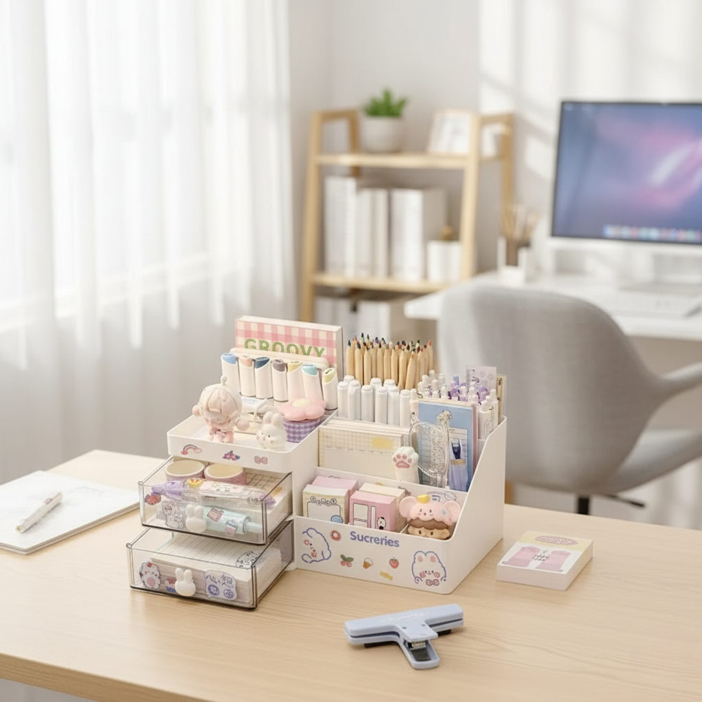 Kawaii Bunny Desktop Organizer | Cosmetic & Office Storage Box with Drawer | Desk Supplies Holder