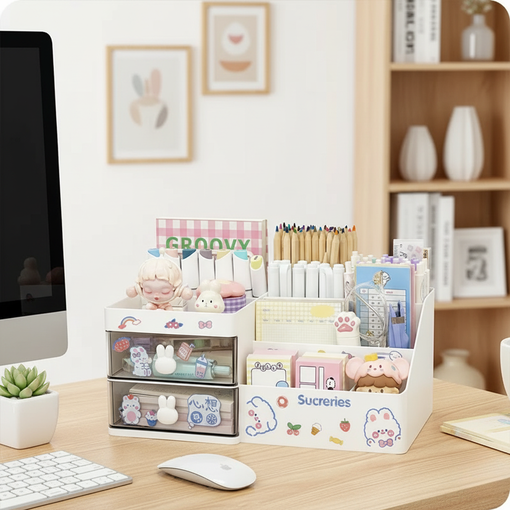 Kawaii Bunny Desktop Organizer | Cosmetic & Office Storage Box with Drawer | Desk Supplies Holder