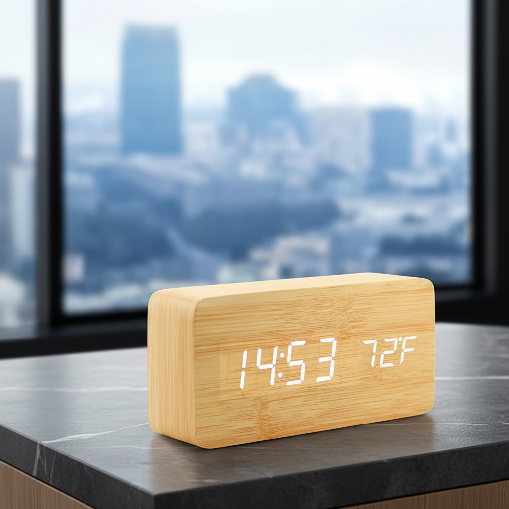 Wooden LED Digital Clock | Smart Alarm Clock with Temperature, Date & Sound Control