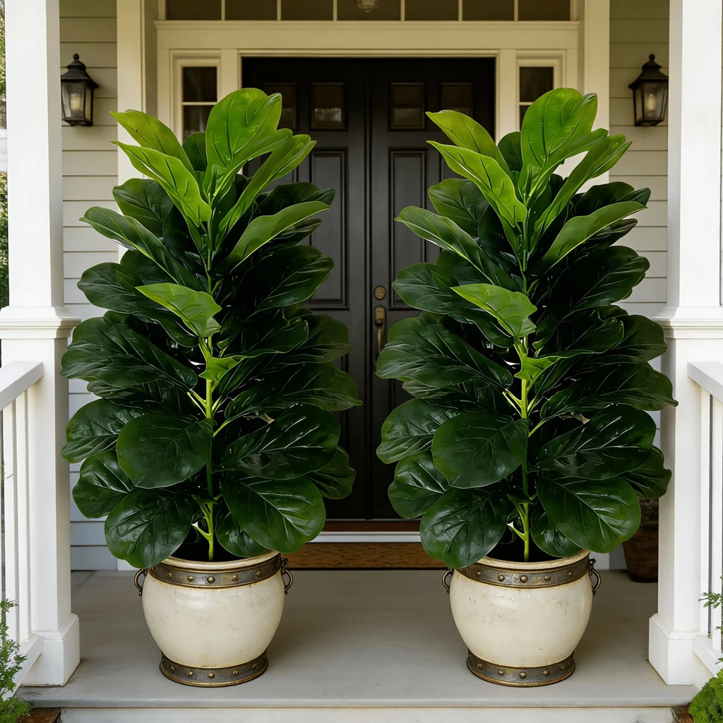 3ft Artificial Fiddle Leaf Fig Tree 2 Pack with White Geometric Pot, Realistic Fake Plant for Home Office Indoor Outdoor Decor
