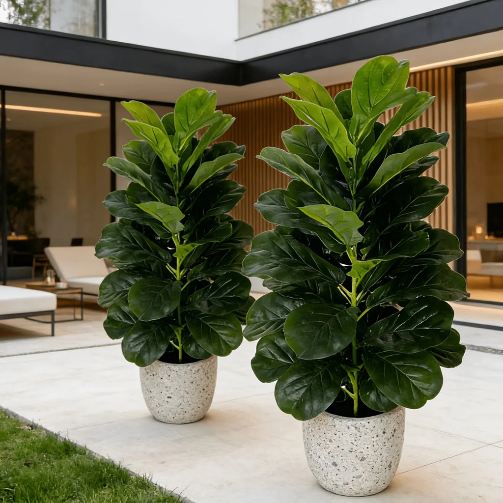 3ft Artificial Fiddle Leaf Fig Tree 2 Pack with White Geometric Pot, Realistic Fake Plant for Home Office Indoor Outdoor Decor