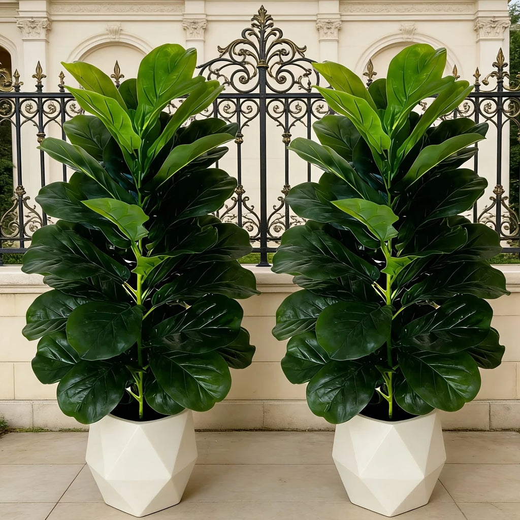 3ft Artificial Fiddle Leaf Fig Tree 2 Pack with White Geometric Pot, Realistic Fake Plant for Home Office Indoor Outdoor Decor