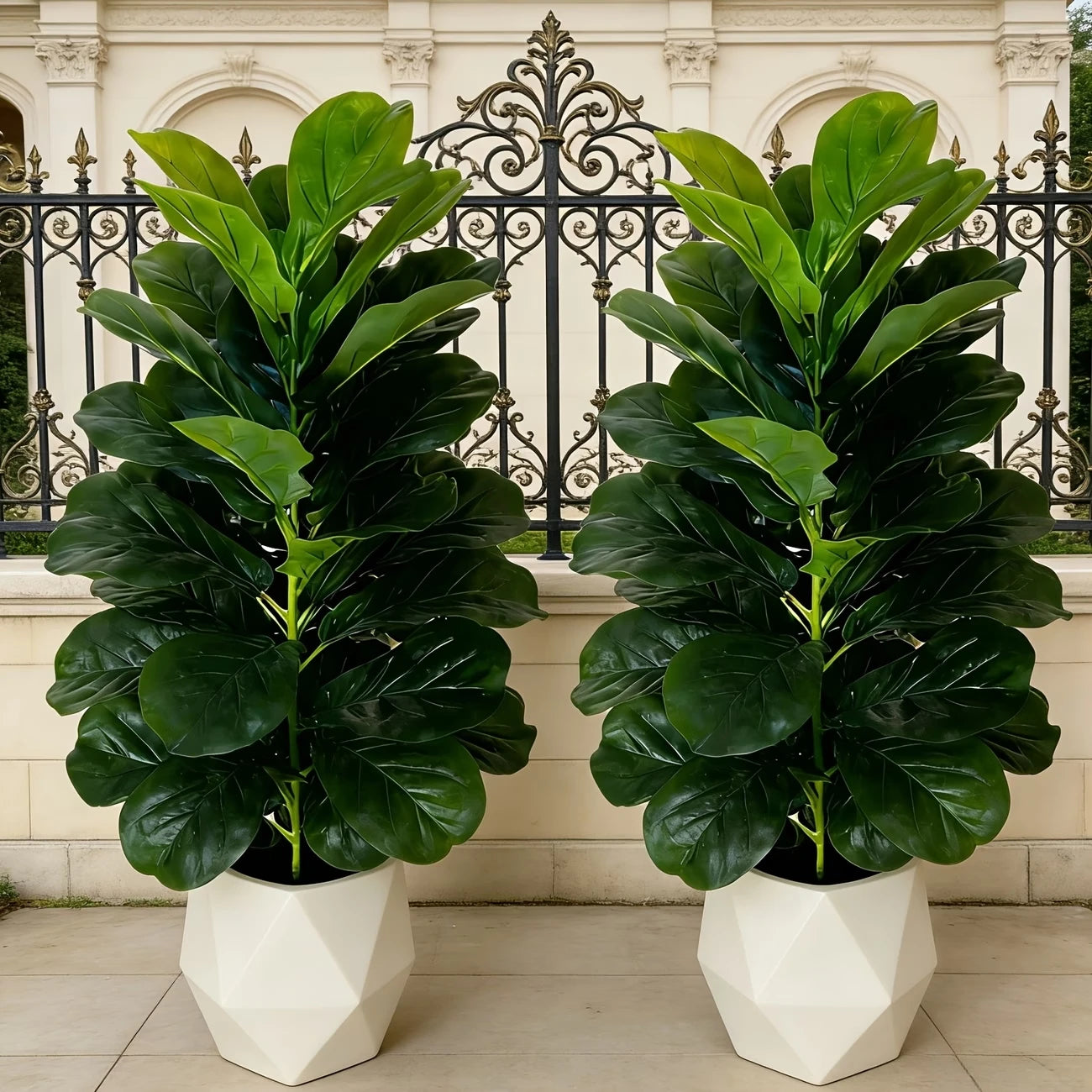 3ft Artificial Fiddle Leaf Fig Tree 2 Pack with White Geometric Pot, Realistic Fake Plant for Home Office Indoor Outdoor Decor