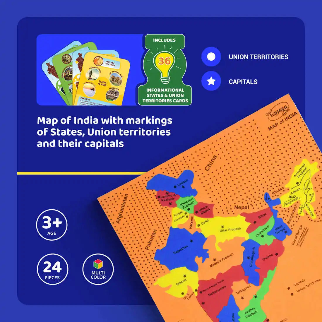 Toysaga Naksha Foam Puzzle Map Of India 24 Pieces Educational Jigsaw For Kids 3+ With Storage Bag