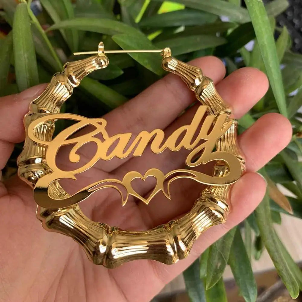 DOREMI 30-90MM Stainless Custom Bamboo Earrings Hoop Personalized Name Earrings Personalized Jewelry Charming Earrings Gold Gift
