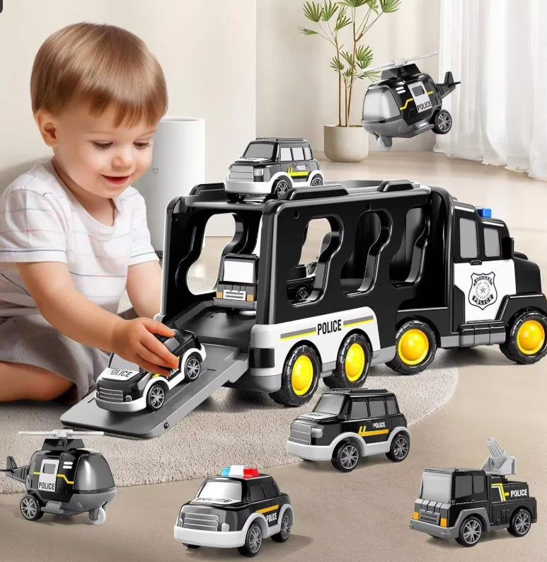 5-in-1 Engineering Vehicle, Lighting and Music Transport Vehicle, Inertia Fire Truck, Container Car, Children's Toy