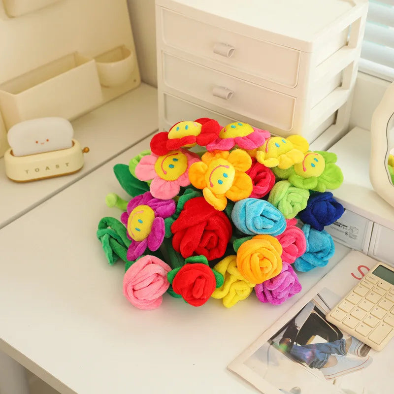 MERLOCOOL Colorful Simulation Smiling Sunflower Rose Plush Toy Plants Fabric Flower Bouquet Curtain Party Home Decoration PP