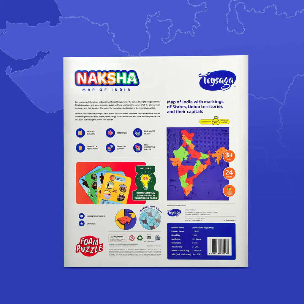 Toysaga Naksha Foam Puzzle Map Of India 24 Pieces Educational Jigsaw For Kids 3+ With Storage Bag