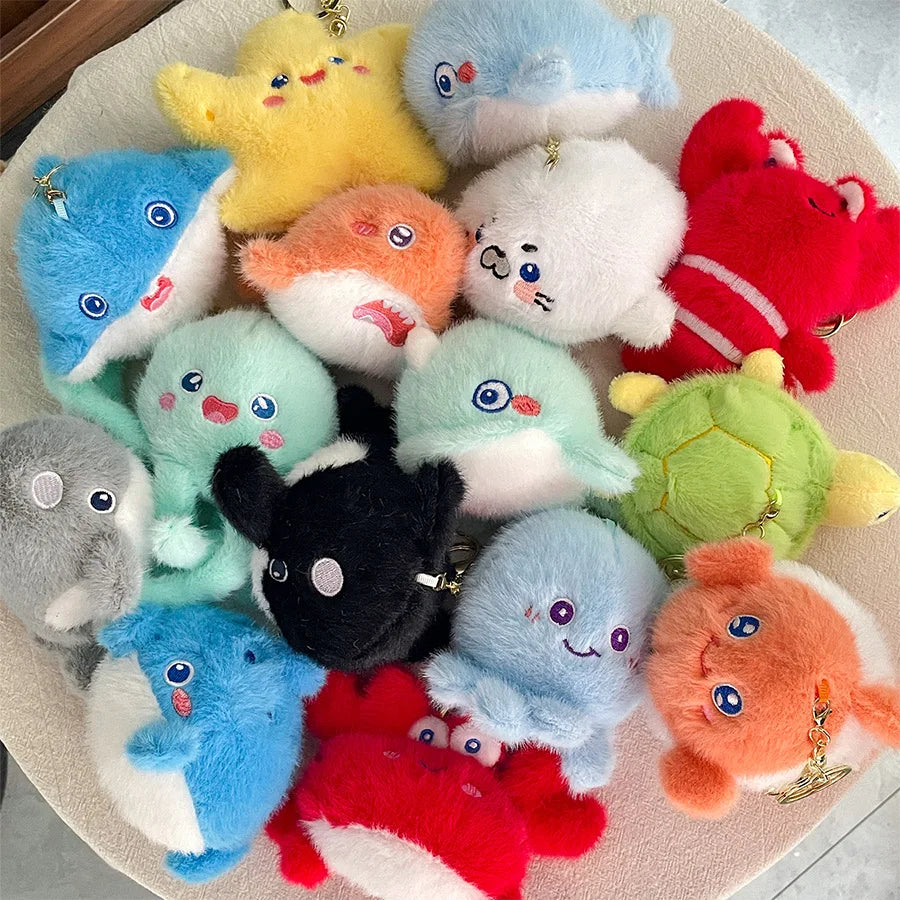 Cute Cartoon Ocean Small Animals Stuffed Plush Pendant Keychain Shark Dolphin Octopus Doll Toy Merlocool 10cm PP Cotton Padding