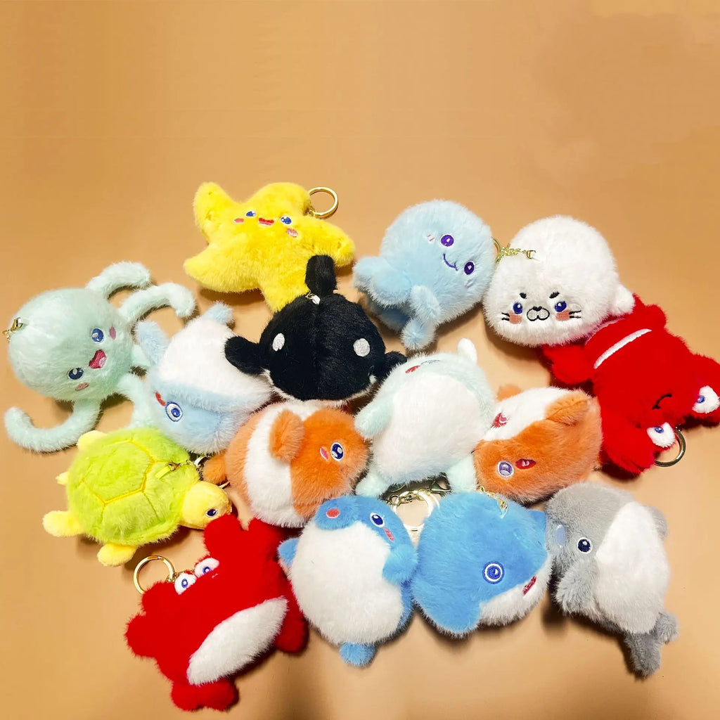 Cute Cartoon Ocean Small Animals Stuffed Plush Pendant Keychain Shark Dolphin Octopus Doll Toy Merlocool 10cm PP Cotton Padding