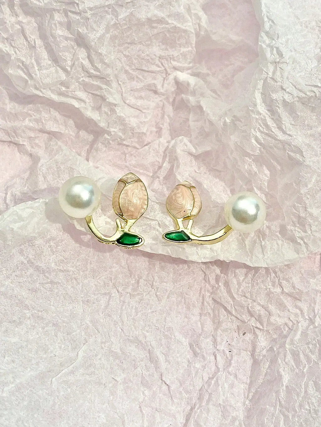 Tulip Flower Faux Pearl Ear Cuff Stud Earrings with Green Leaf Detail