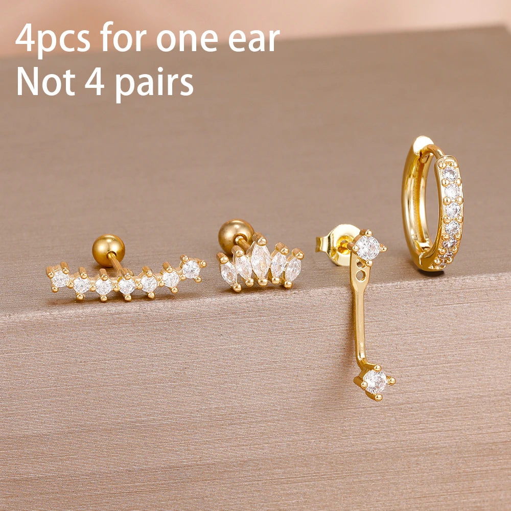 4pcs Korean Stainless Steel Zircon Water Drop Piercing Earrings Set for Women Simple Huggie Square Earring Fashion Jewelry