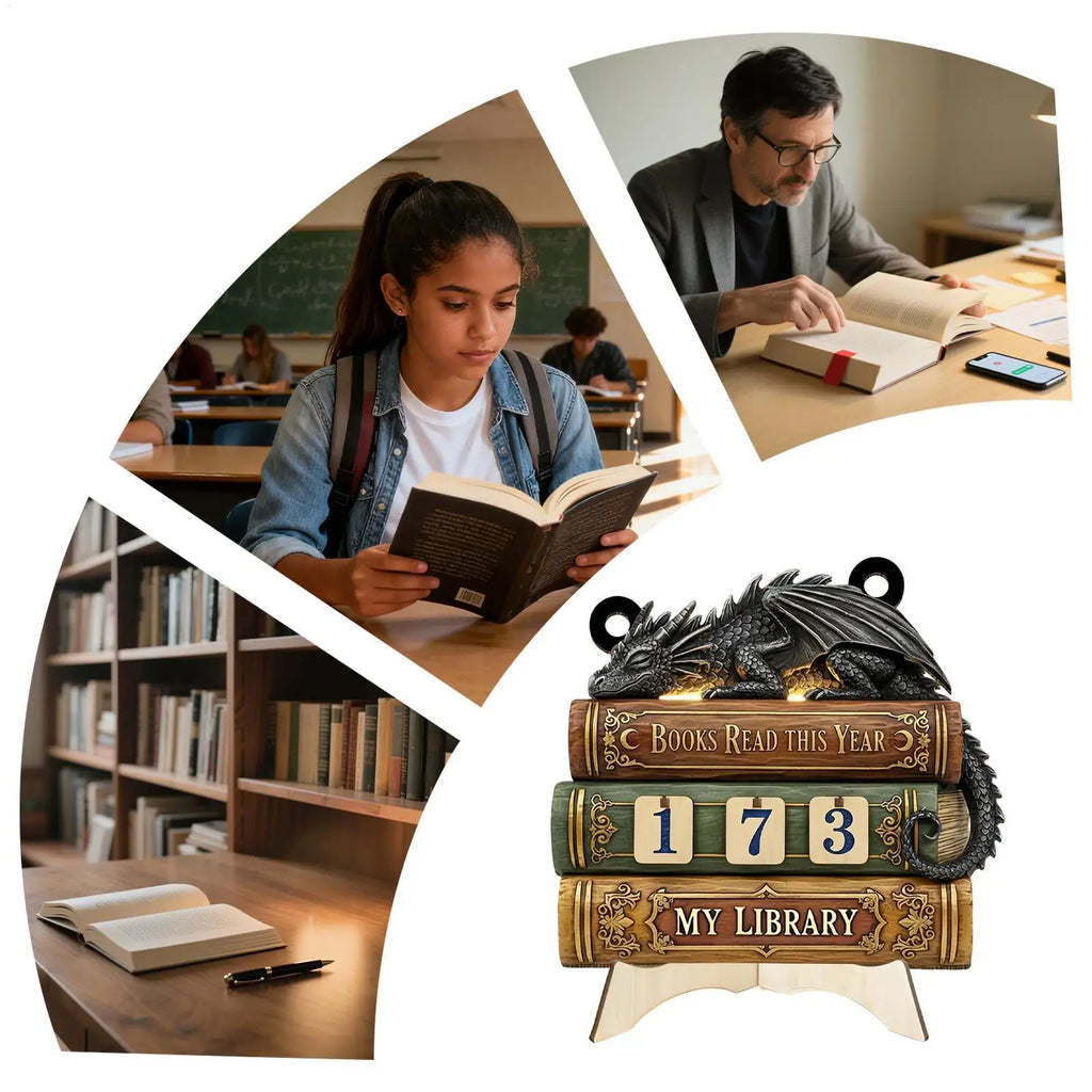 Dragon Embossed Wooden Books Read Counter Tracker Reading Challenge Goal Display Ornament Bookend for Book Lovers Library Decor
