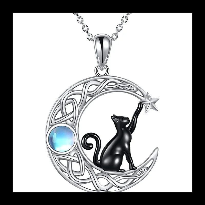 Korean Version of Creative Fashion Star Moon Black Cat Necklace Women's Simple and Versatile Hot Sale Exquisite Moonston