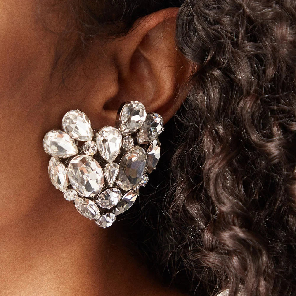 Stonefans Luxury Rhinestone Heart Ear Clip Earrings 2023 for Women No Piercing Accessories Crystal Earrings Clips Large Jewelry