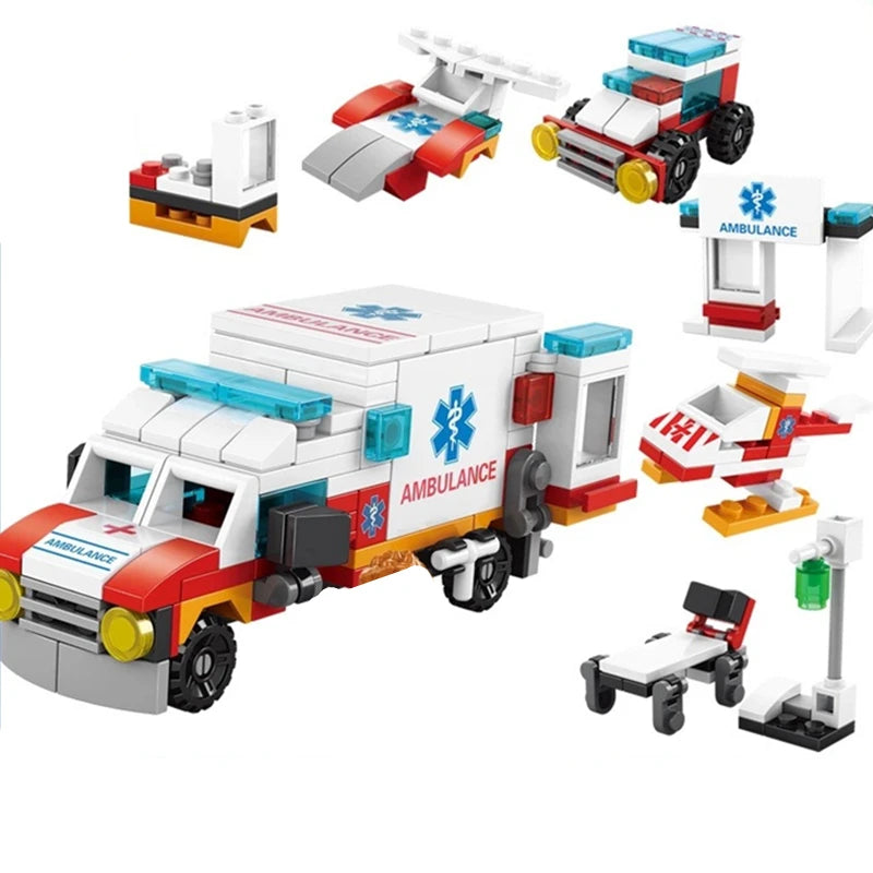 6in1 NEW Ambulance Escort Car Helicopter Paramedic Doctor Mini Loader Truck Classic Model Building Blocks Sets Bricks Toy City