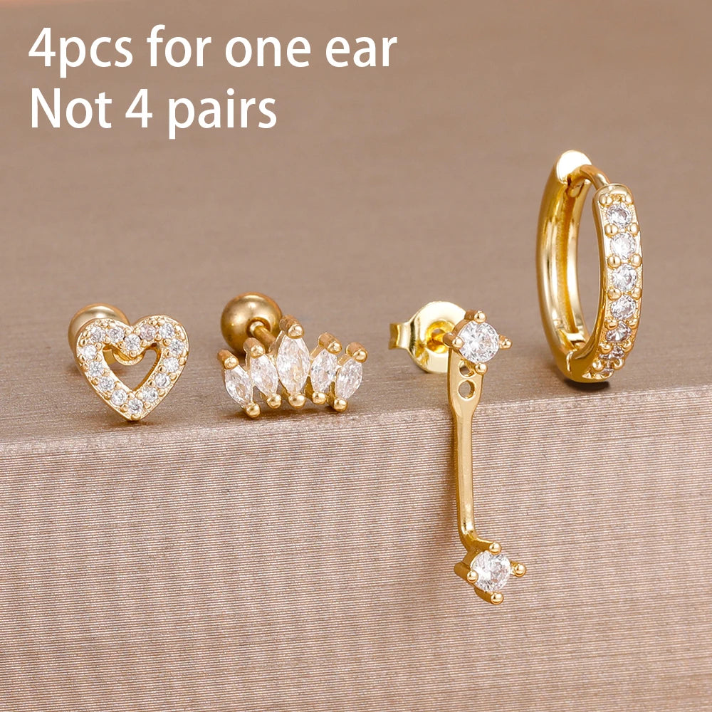 4pcs Korean Stainless Steel Zircon Water Drop Piercing Earrings Set for Women Simple Huggie Square Earring Fashion Jewelry