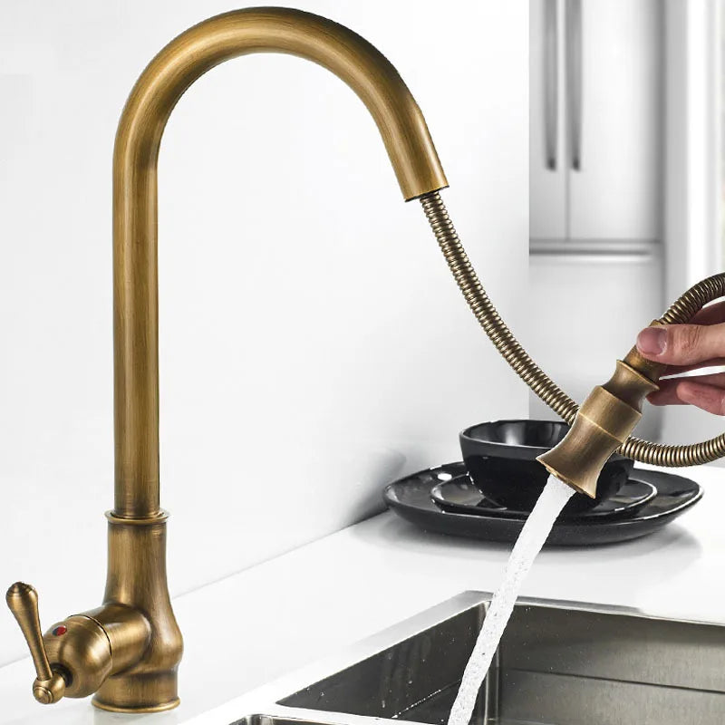 Antique Kitchen Faucet Pull Out Spray Kitchen Sink Single Handle Deck Mount Water Crane 360° Rotation Hot Cold Water Mixer Tap