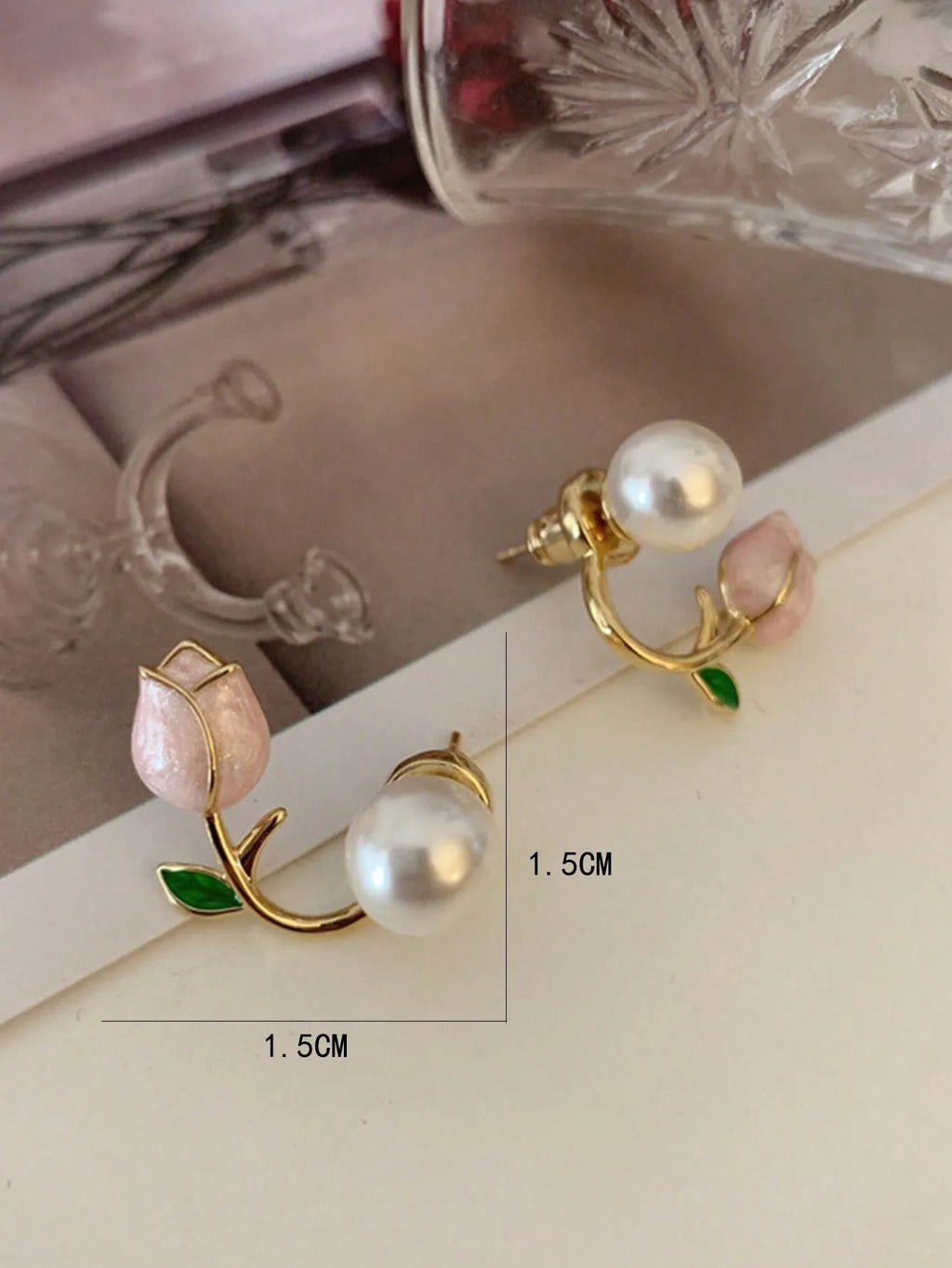Tulip Flower Faux Pearl Ear Cuff Stud Earrings with Green Leaf Detail