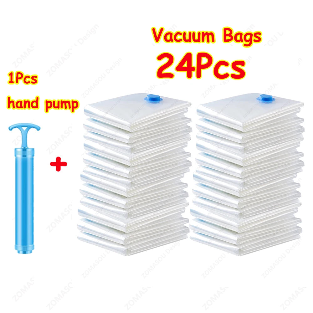 1-24Pcs Reusable Vacuum Storage Sealing Bags with Hand Pump Clear Folding Compressed Space Saving Vacuum Bag for Clothes Travel
