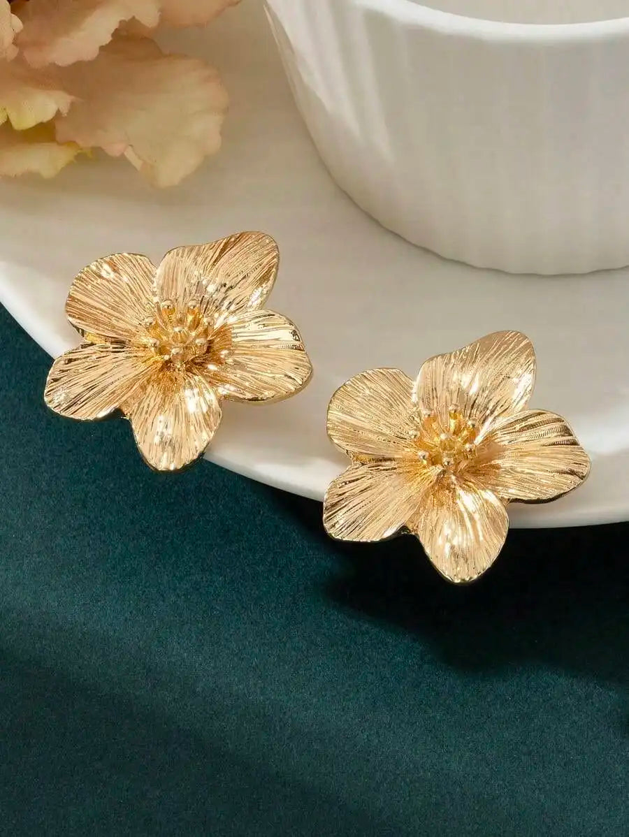 Gold Floral Stud Earrings with Textured Petals and Beaded Center for Women