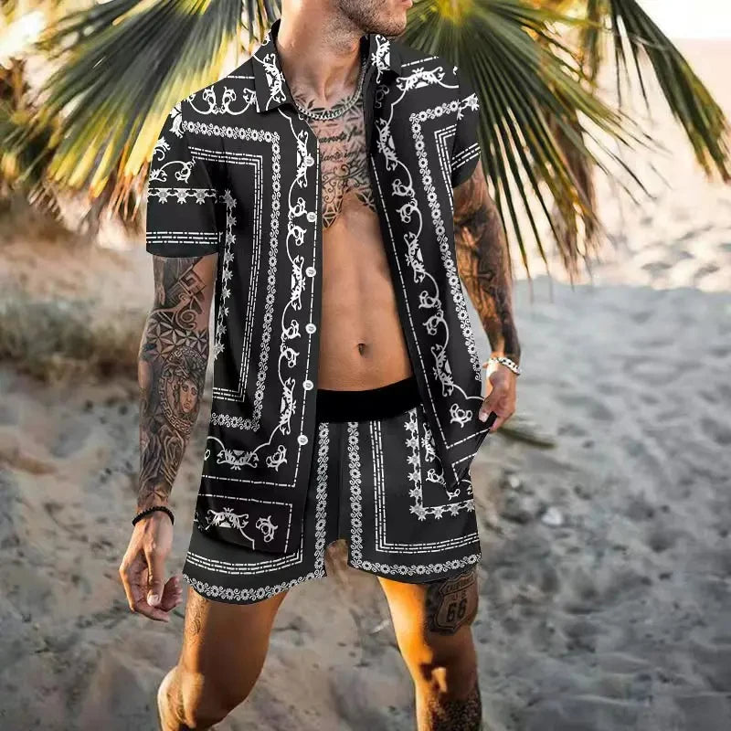 Summer Exquisite Men's Shirt Set Coconut Print Short Sleeve Top Leopard Print Shorts 2 Piece Hawaii Beach Men's Fashion Clothing