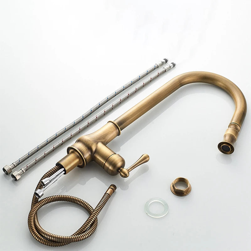 Antique Kitchen Faucet Pull Out Spray Kitchen Sink Single Handle Deck Mount Water Crane 360° Rotation Hot Cold Water Mixer Tap