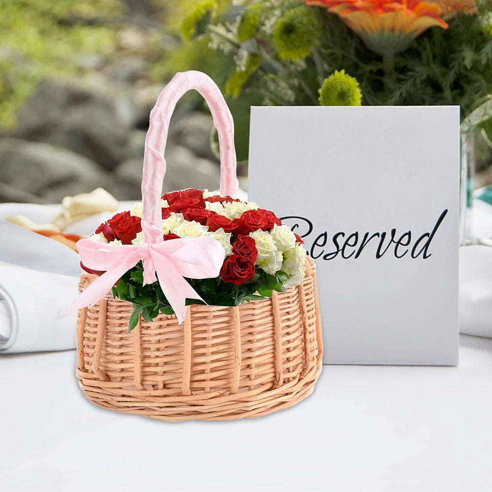 Boho Flower Girls Basket Wedding Flower Girl Baskets with Handle Wicker Picnic Basket Handmade Rattan Flower Basket Home Decor