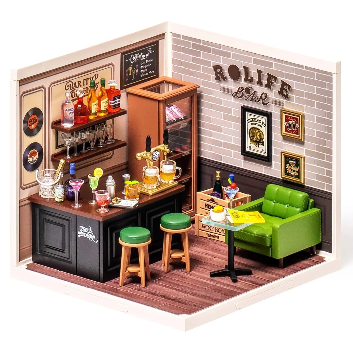 Rolife DIY Miniature House Kit Leisurely Cheers Bar Super Creator Dollhouse 3D Puzzle Model Building Kit with LED for Desk Decor