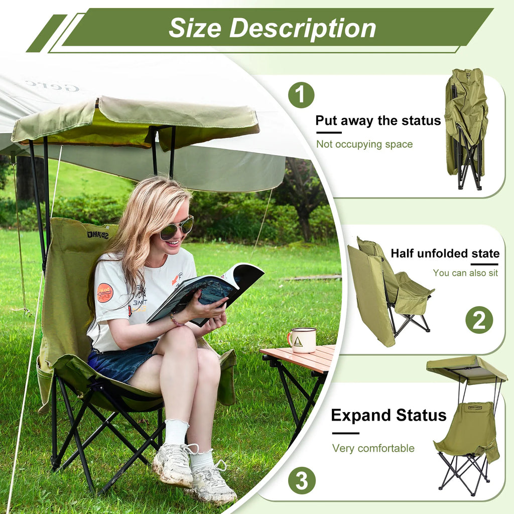 YOUNG WOOD Portable Camping Chair Beach Chair with Shade Canopy, Fold Lightweight Oversized for All, Easy to Open and Close