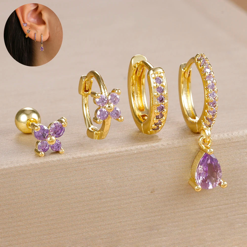 4pcs Korean Stainless Steel Zircon Water Drop Piercing Earrings Set for Women Simple Huggie Square Earring Fashion Jewelry