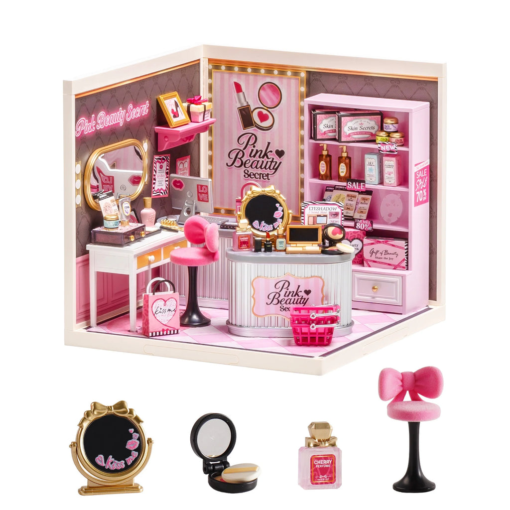 Rolife DIY Miniature House Kit Super Creator Serious Pink Beauty Secret Dollhouse 3D Puzzle Model Building Kit Home Desk Decor