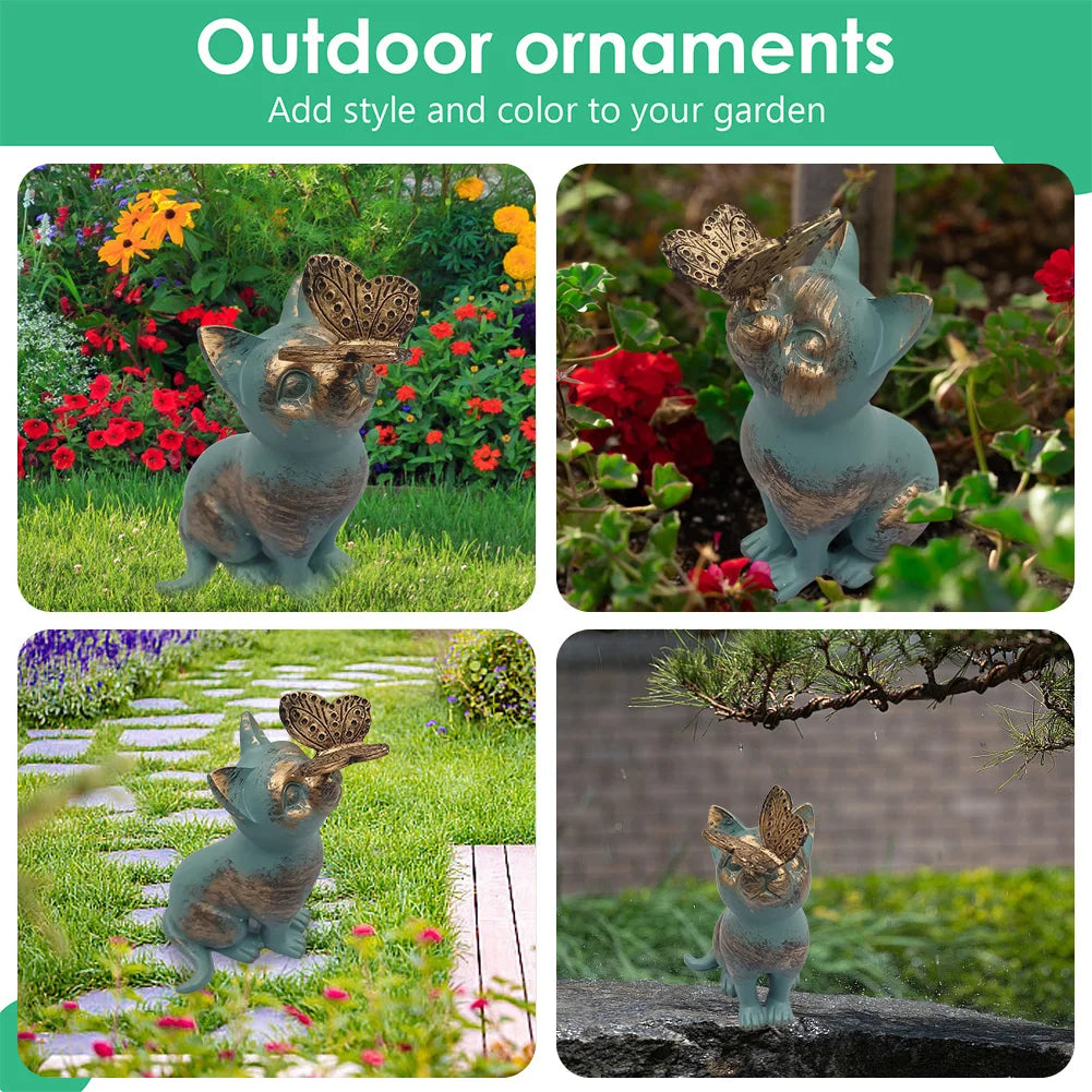 Resin Kitten Statue with Butterfly Ornament Cat Animal Sculpture Handicraft Waterproof Home Decor for Courtyard Lawn