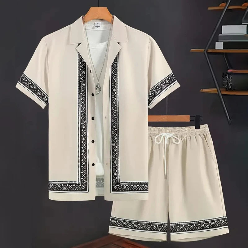2024 New Men's Summer Holiday Suit Retro Textured Printed Border Shirt Short Sleeve Shorts Two Piece Men's Breathable Pool Suit
