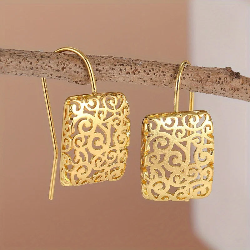 Classic Retro Hollow Pattern Square Earrings, Casual Accessories for Women's Daily Gatherings, Ethnic Style Earrings