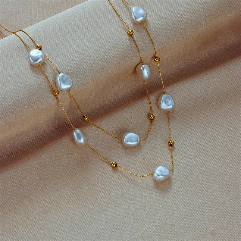 316L Stainless Steel 2in1 Large Pearl Pendant Necklace for Women New Trend Girls Neck Jewelry Chain Party Wedding Gift