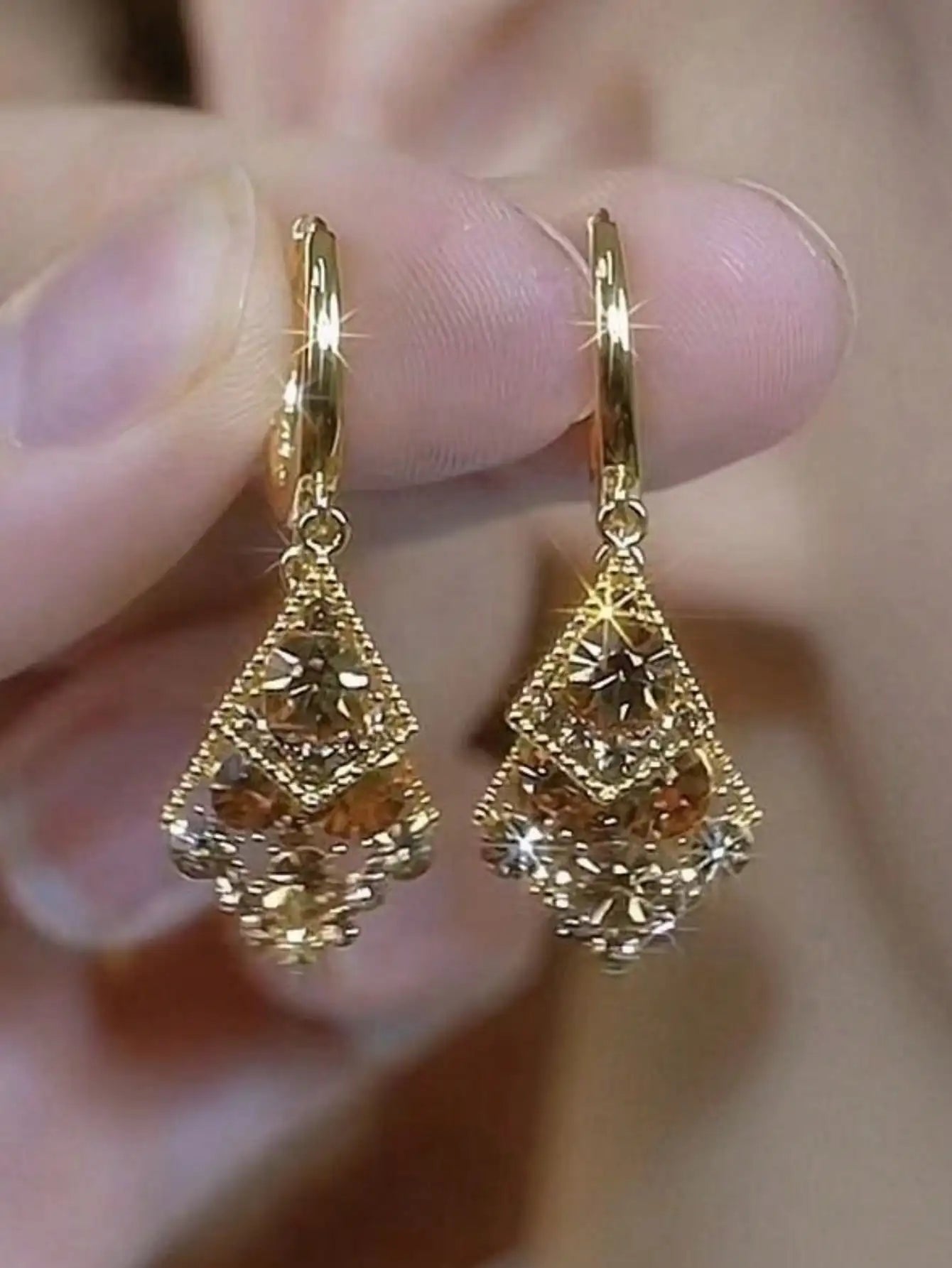 Gold-Tone Geometric Double-Layer Rhombus Dangle Earrings with Crystal Accents for Women