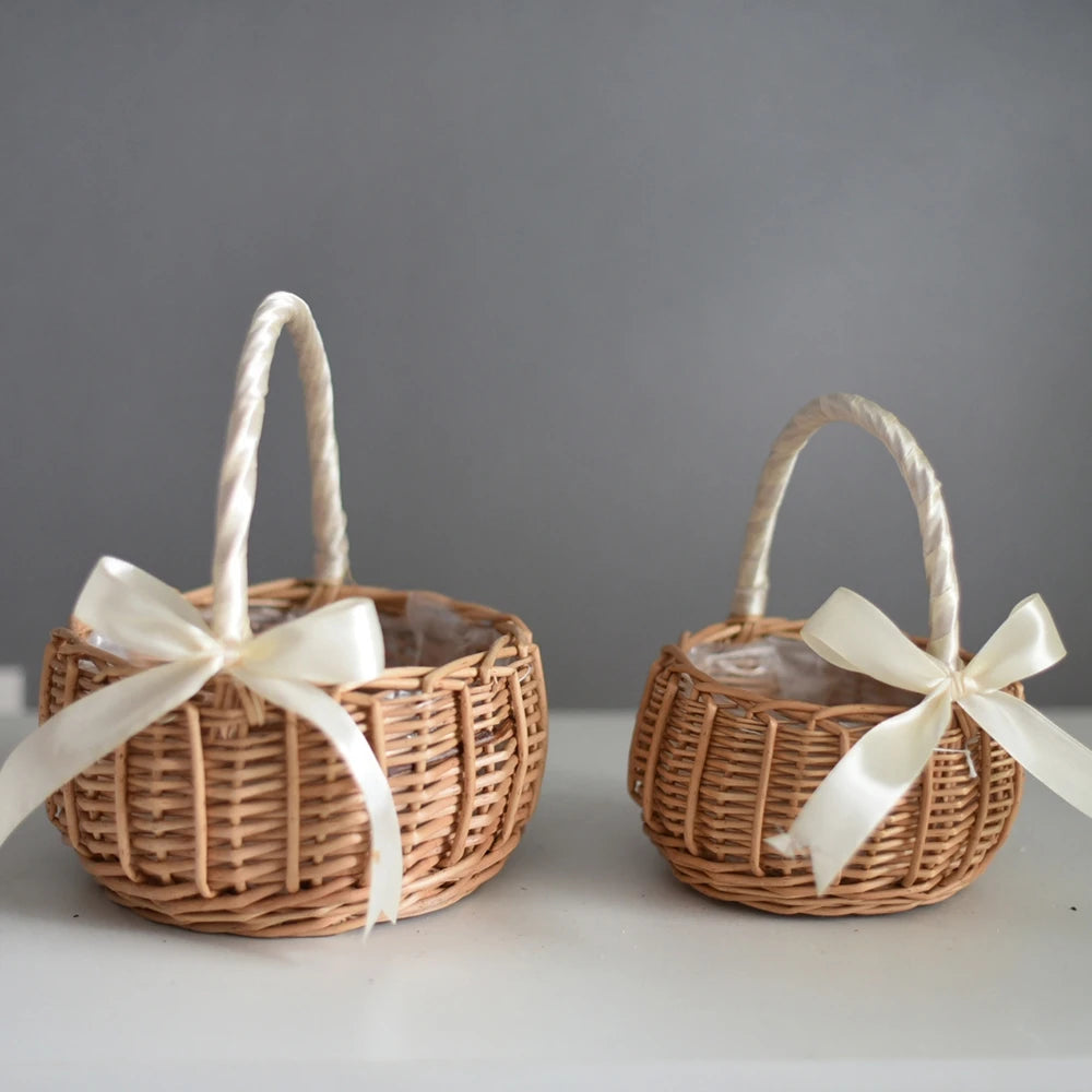 Boho Flower Girls Basket Wedding Flower Girl Baskets with Handle Wicker Picnic Basket Handmade Rattan Flower Basket Home Decor