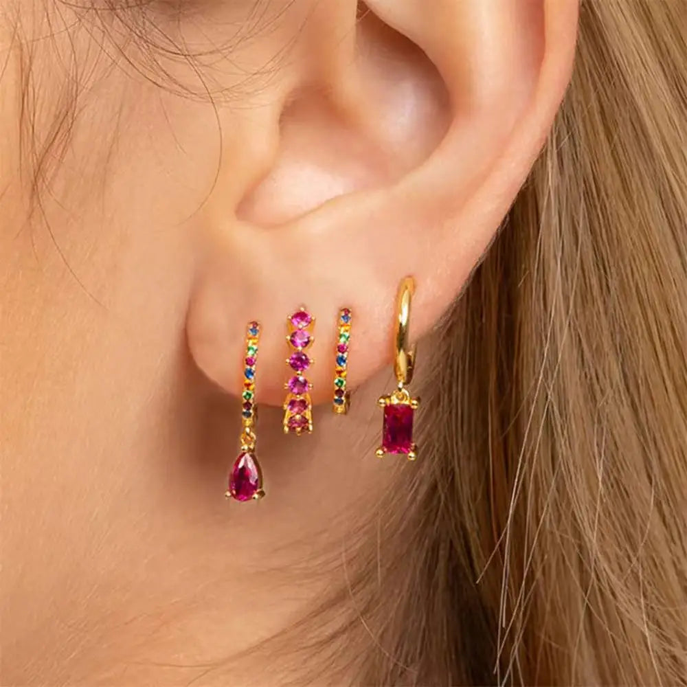 4pcs Korean Stainless Steel Zircon Water Drop Piercing Earrings Set for Women Simple Huggie Square Earring Fashion Jewelry