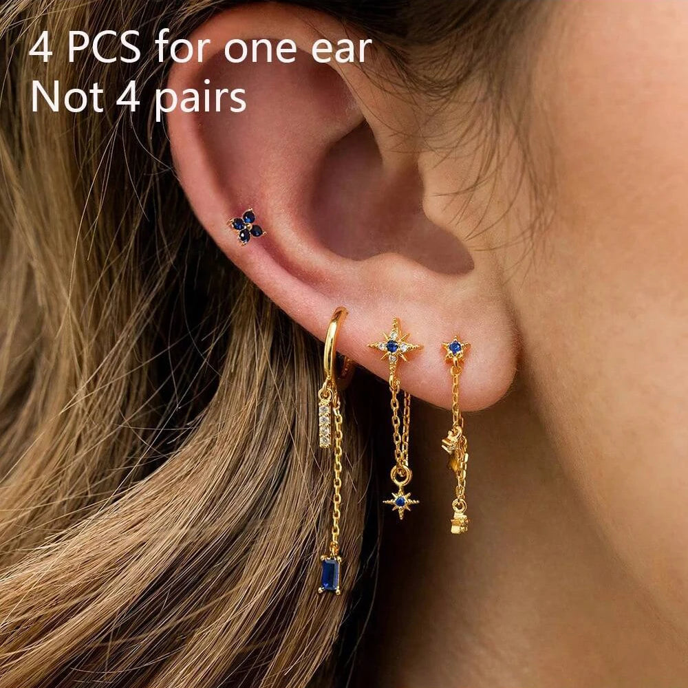 4pcs Korean Stainless Steel Zircon Water Drop Piercing Earrings Set for Women Simple Huggie Square Earring Fashion Jewelry