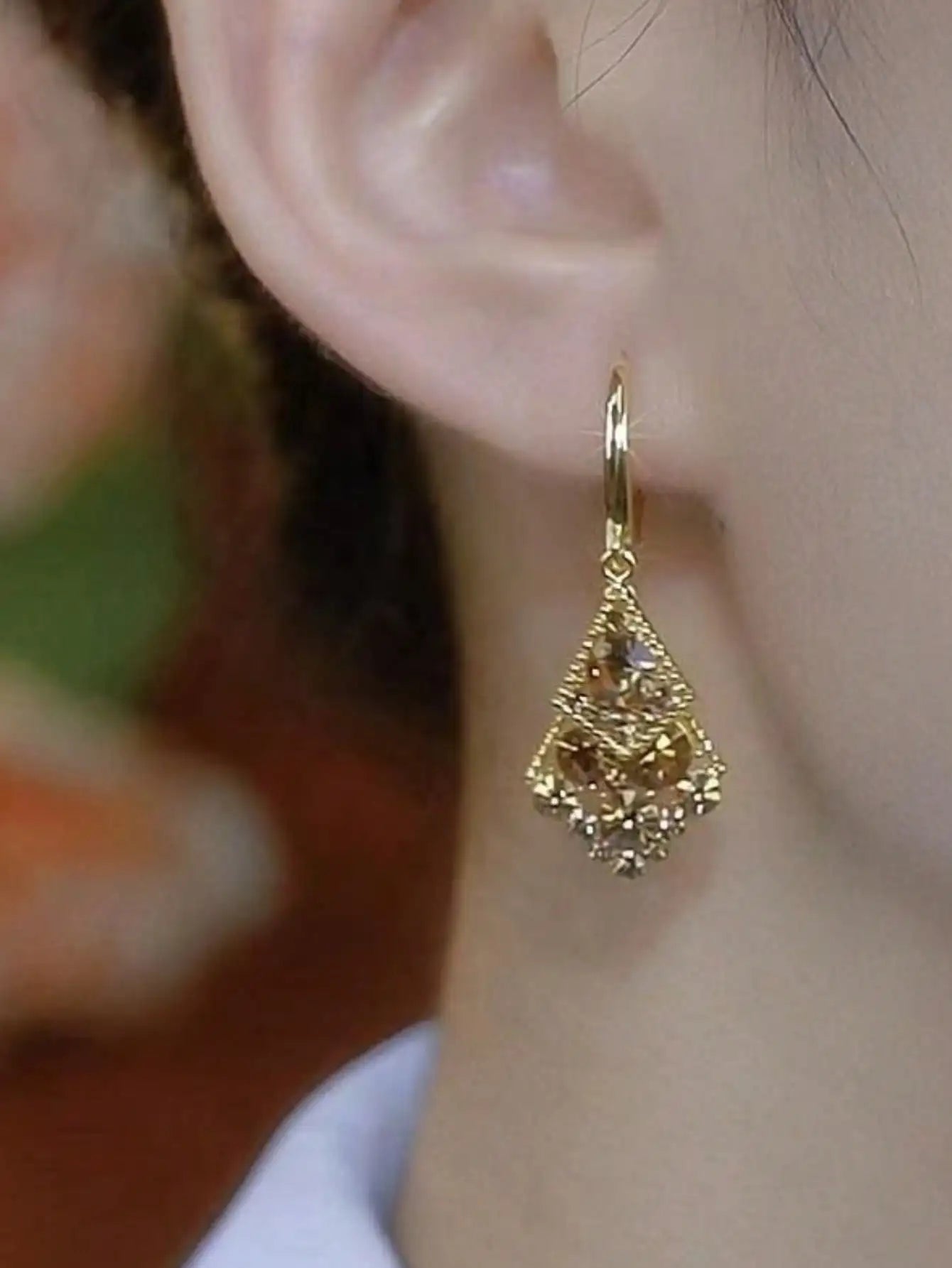 Gold-Tone Geometric Double-Layer Rhombus Dangle Earrings with Crystal Accents for Women