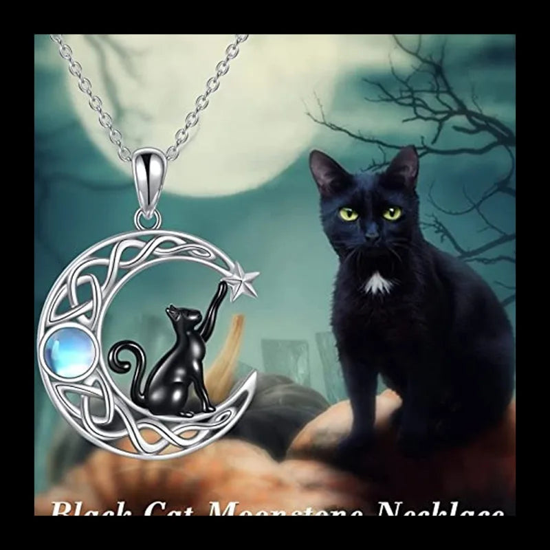 Korean Version of Creative Fashion Star Moon Black Cat Necklace Women's Simple and Versatile Hot Sale Exquisite Moonston