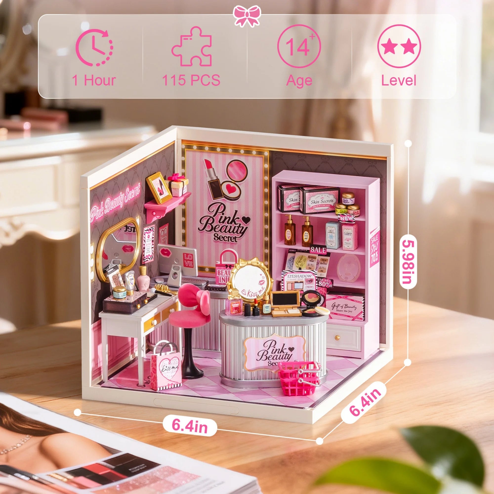 Rolife DIY Miniature House Kit Super Creator Serious Pink Beauty Secret Dollhouse 3D Puzzle Model Building Kit Home Desk Decor