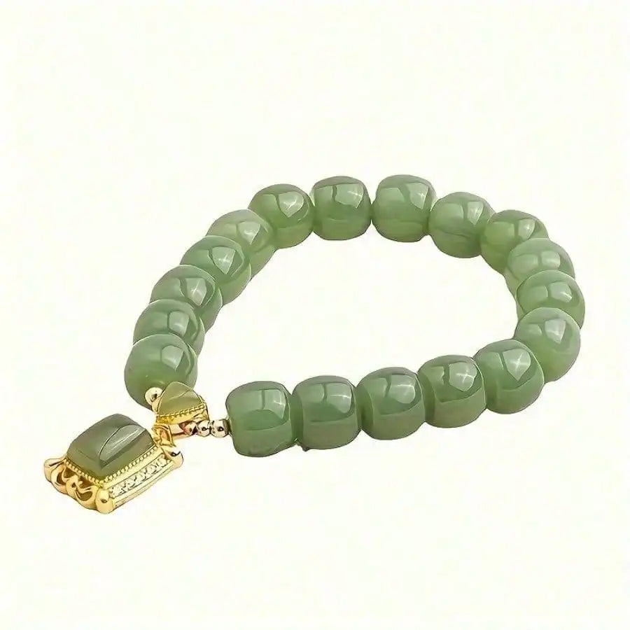 Elegant Chinese-Style Green Jade Beaded Bracelet | Imitation Jade Pendant & Gold Accents, Versatile for Daily