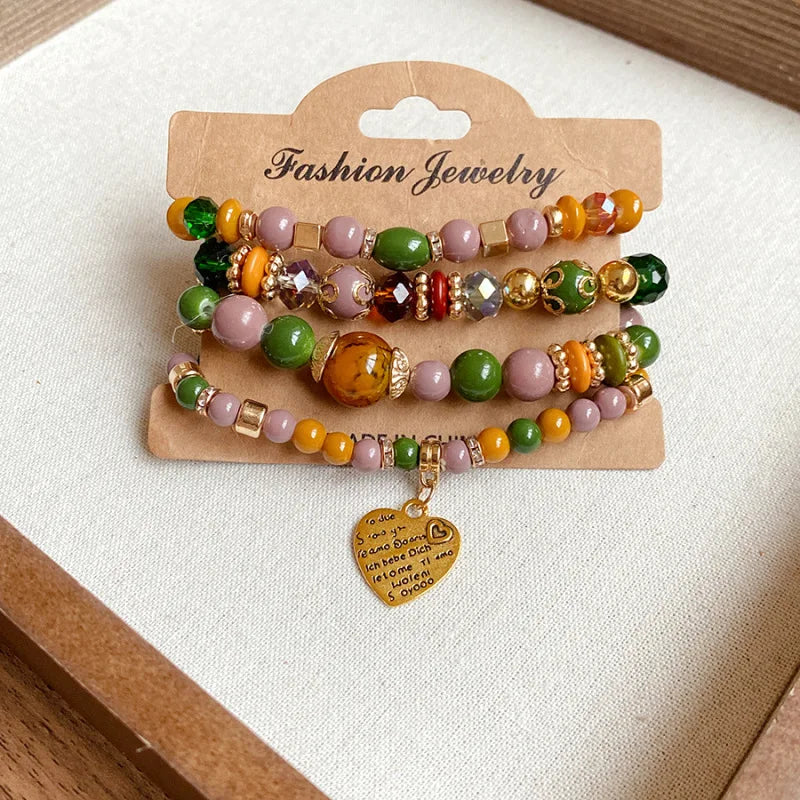 4pcs/set Boho Strand Bracelets For Women Crystal Beads Bracelets Heart Letter Elastic Bangles Wristband Yoga Jewelry Gifts