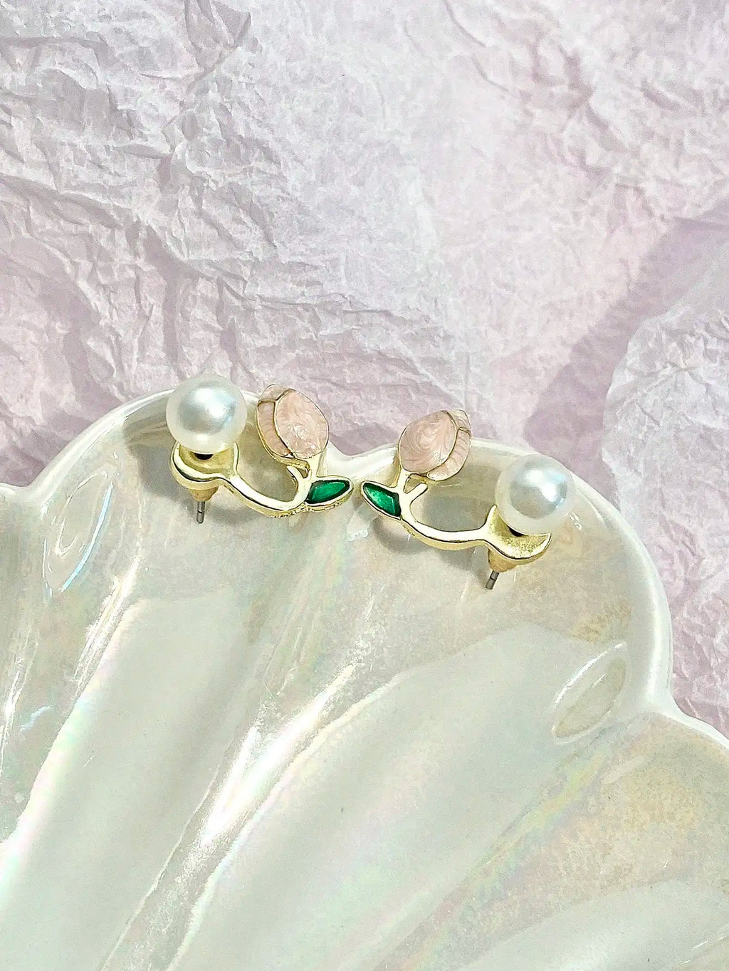 Tulip Flower Faux Pearl Ear Cuff Stud Earrings with Green Leaf Detail