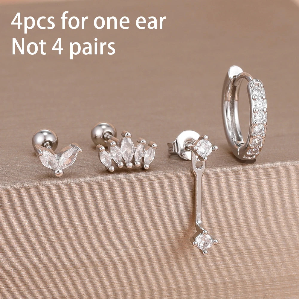4pcs Korean Stainless Steel Zircon Water Drop Piercing Earrings Set for Women Simple Huggie Square Earring Fashion Jewelry