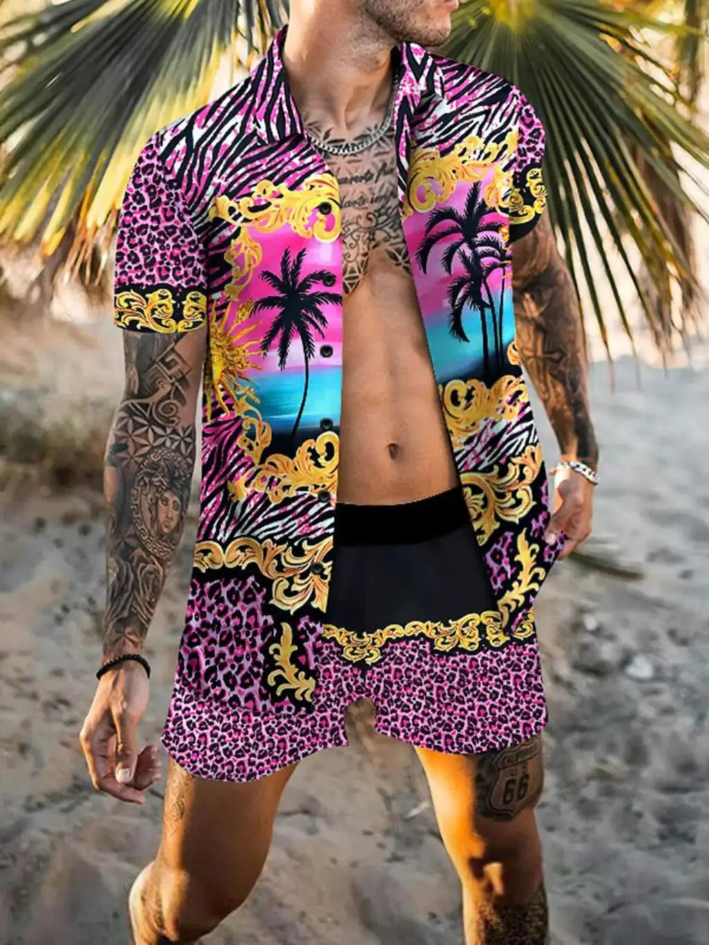 Summer Exquisite Men's Shirt Set Coconut Print Short Sleeve Top Leopard Print Shorts 2 Piece Hawaii Beach Men's Fashion Clothing
